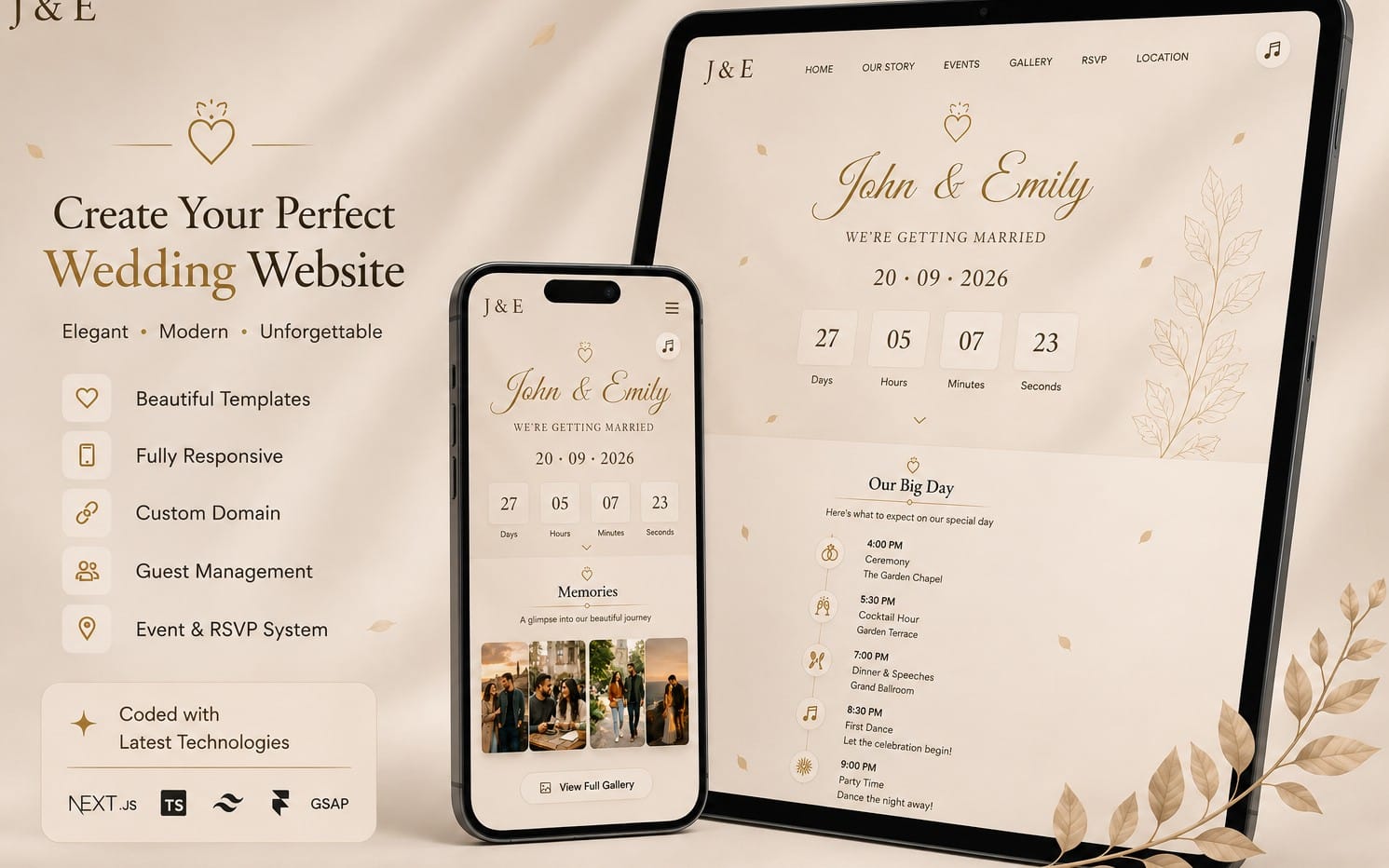 Two-screen mockup of elegant digital wedding invitation website with admin dashboard and custom guest link features