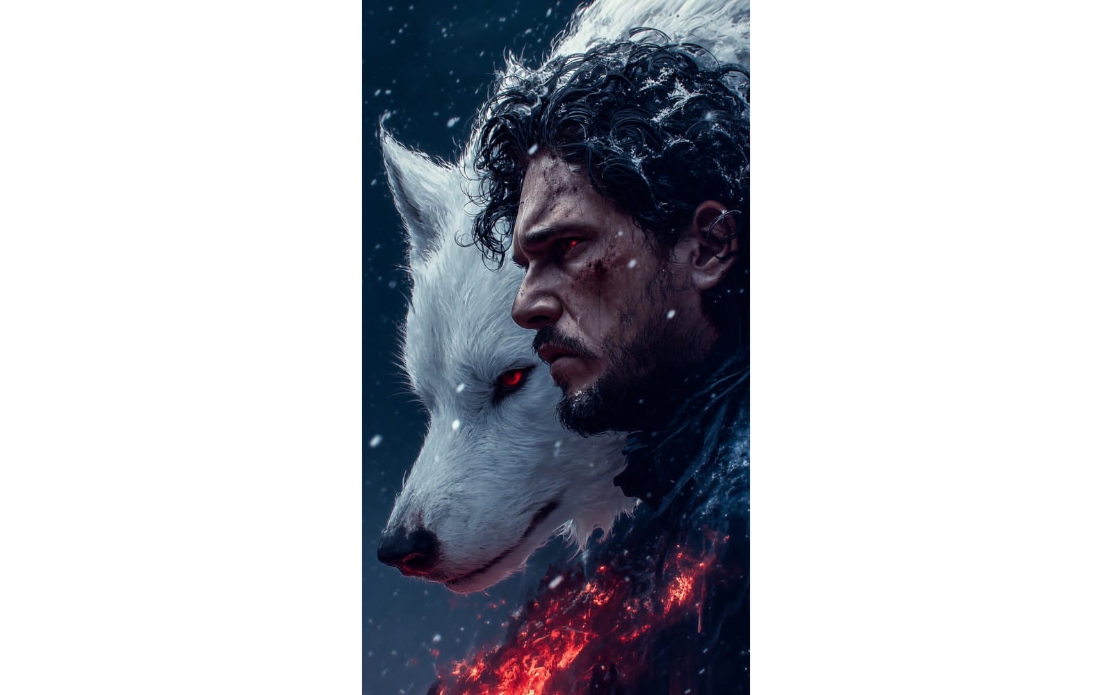 AI-generated fantasy character portrait inspired by Game of Thrones with a white direwolf, set in snow and fire
