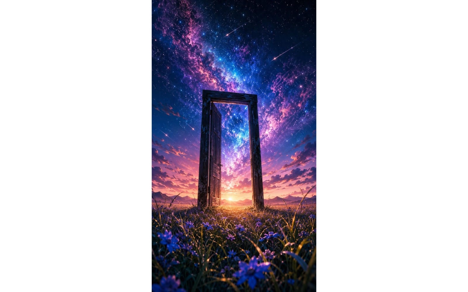 AI-generated nature scene set of a wooden door portal framed against a colorful nebula sky and sunrise flowers