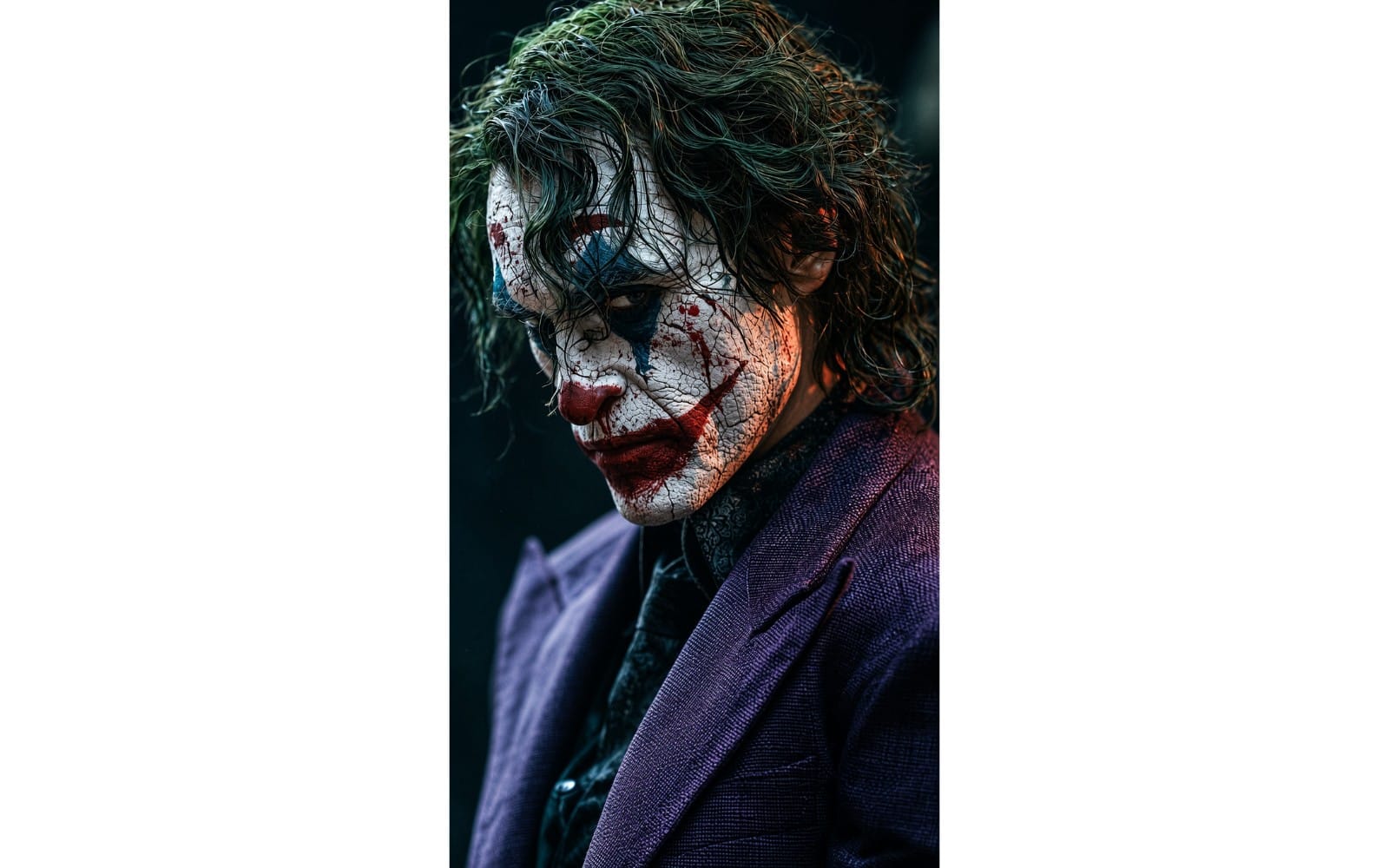 Close-up AI-generated Joker character portrait with painted face, dark hair, and purple suit and tie