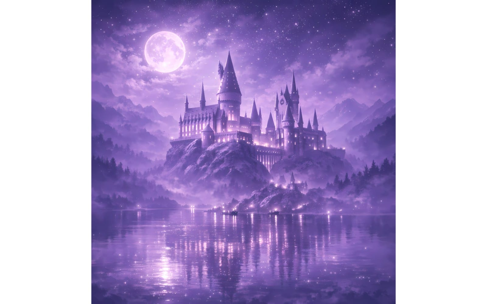 AI-generated wizard castle landscape at night with moon, starry sky, and reflective lake, set of 22 images