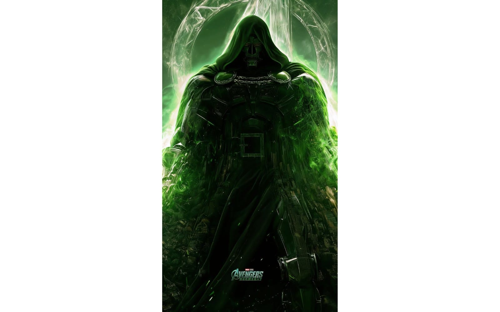 Smoky green Doctor Doom character in hooded armor with glowing portal, featuring an AI-generated fantasy image set