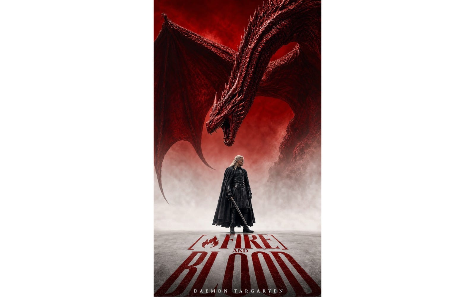 Daenerys-style fantasy poster showing a lone warrior in armor before a huge dragon, AI-generated House of the Dragon