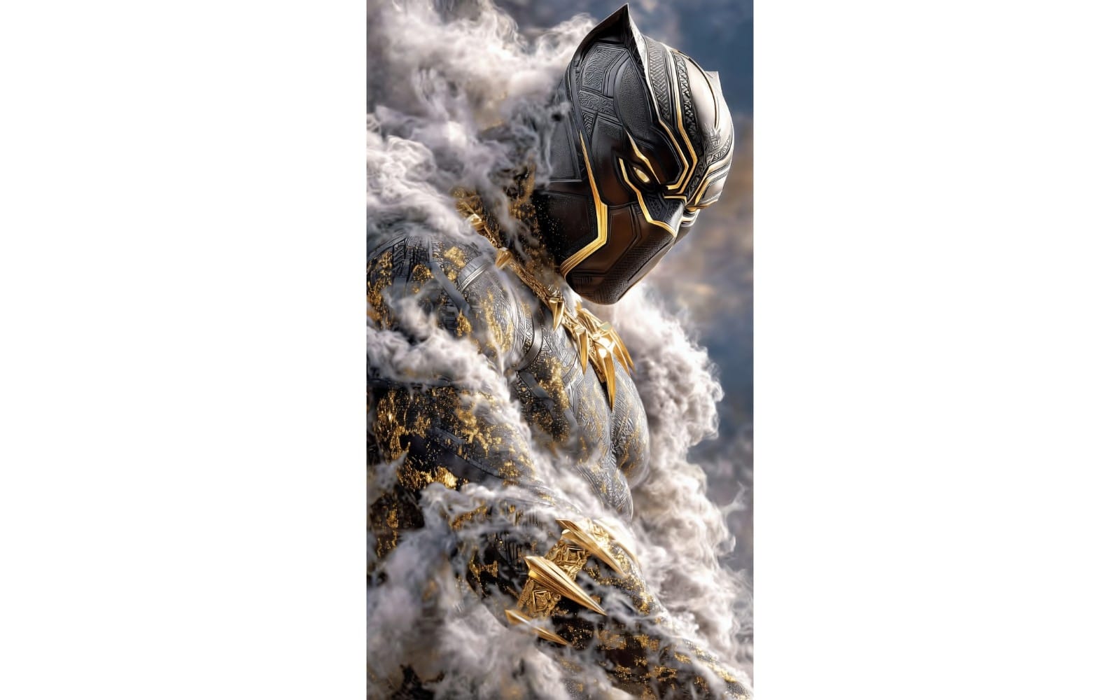 AI-generated Marvel-style superhero in gold and black armor amid dramatic clouds and smoke, poster artwork pack