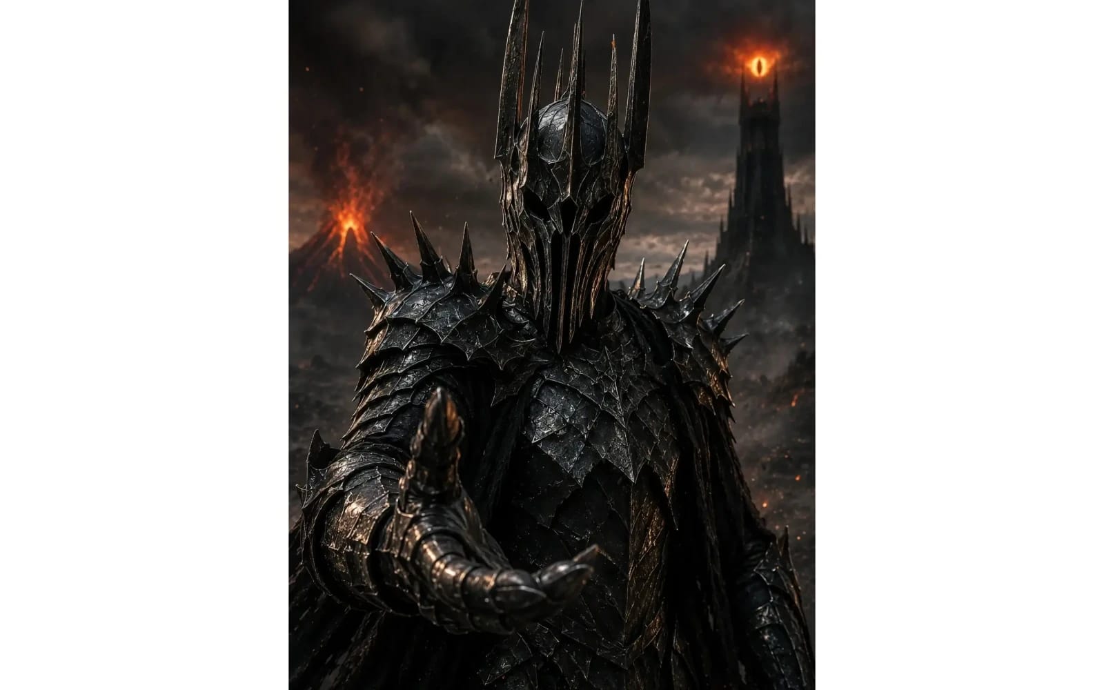 Dark fantasy AI-generated Lord of the Rings style scene with armored warrior and looming fortress background
