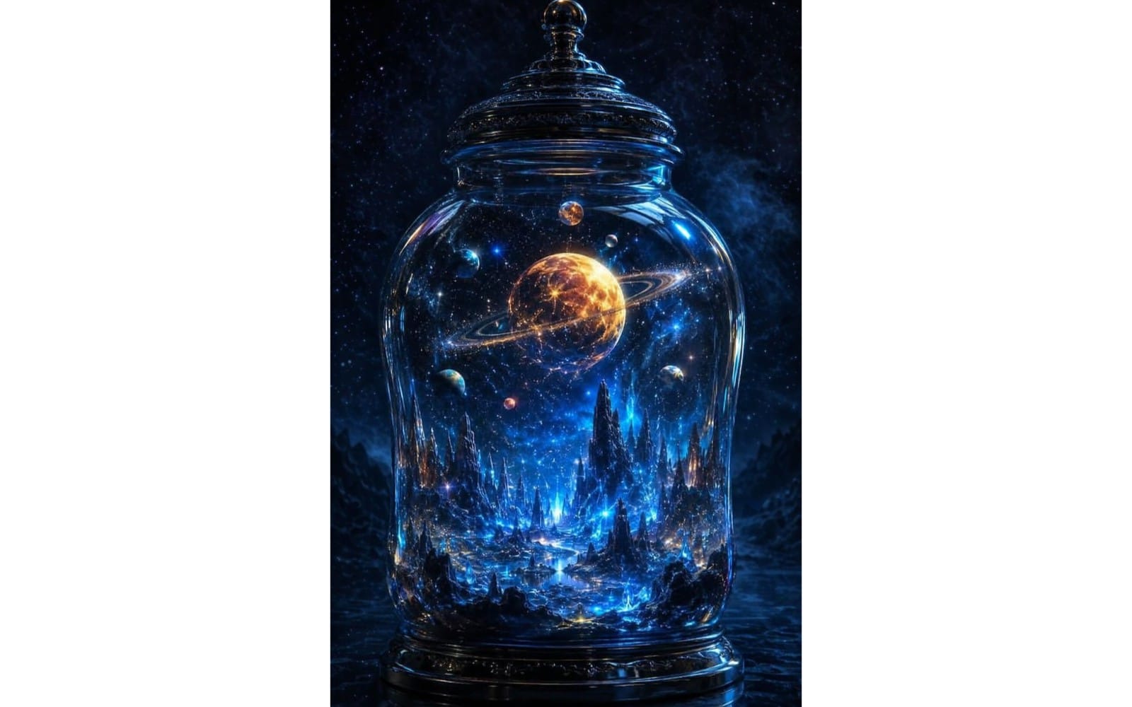 AI-generated cosmic space scene with planets, stars, and a glass bottle-like dome over an alien cityscape