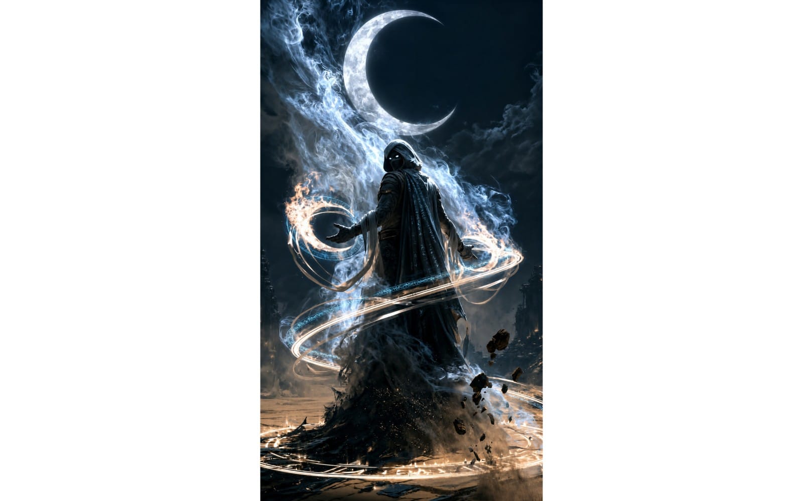 Moon Knight AI-generated character artwork with glowing smoke effects and a large moon background