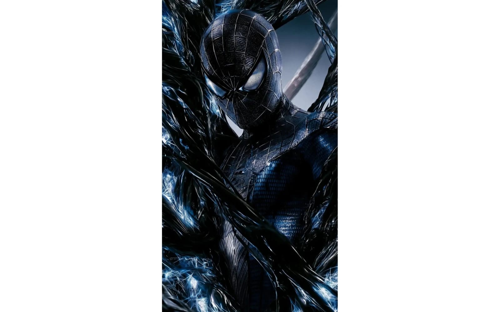 AI-generated Spider-Man character artwork with black and blue metallic web textures in a dynamic pose