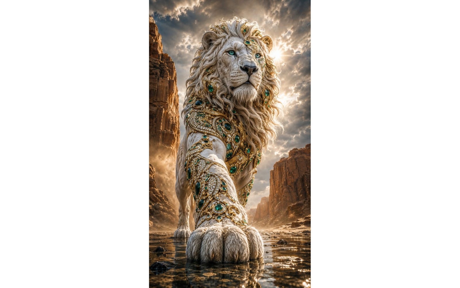 AI-generated lion portrait with ornate jewels and desert canyon background, part of 22 animal image collection
