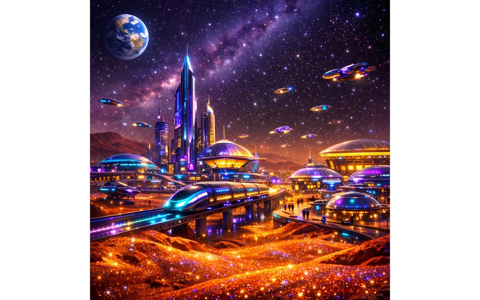 Futuristic Mars cityscape with neon space ships and dome buildings under a starry purple galaxy sky