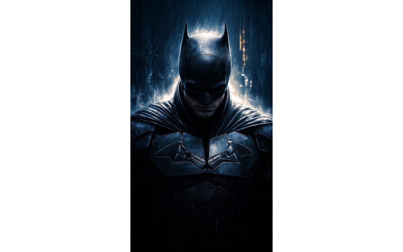 Batman AI-generated portrait with cowl and suit emblem in rainy blue nighttime city lighting