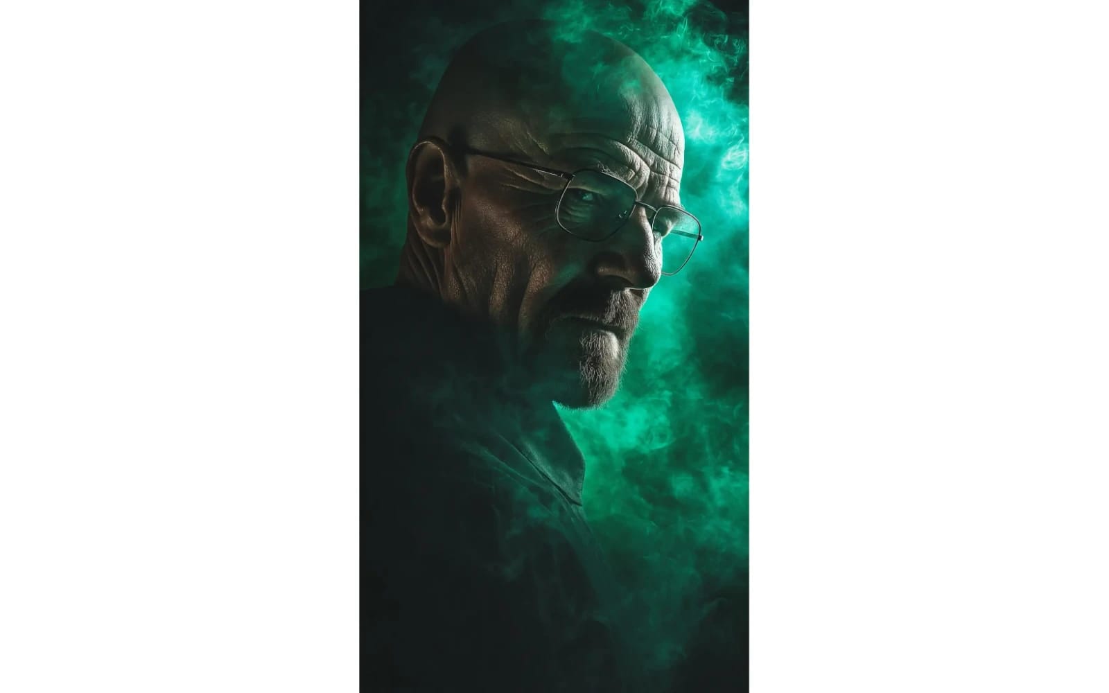 AI-generated portrait of a bald man with glasses in a smoky green Breaking Bad style scene
