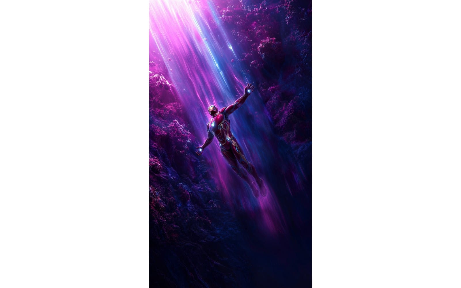 AI-generated Iron Man character soaring through a neon purple cosmic tunnel, set of 14 digital artworks