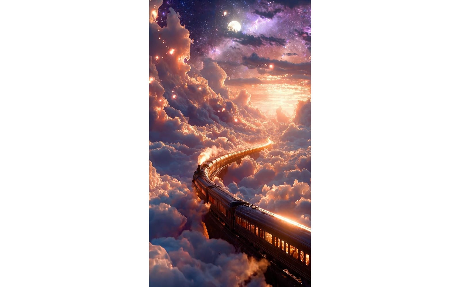 AI-generated fantasy landscape set with a glowing moonlit train crossing clouds through a starry sky