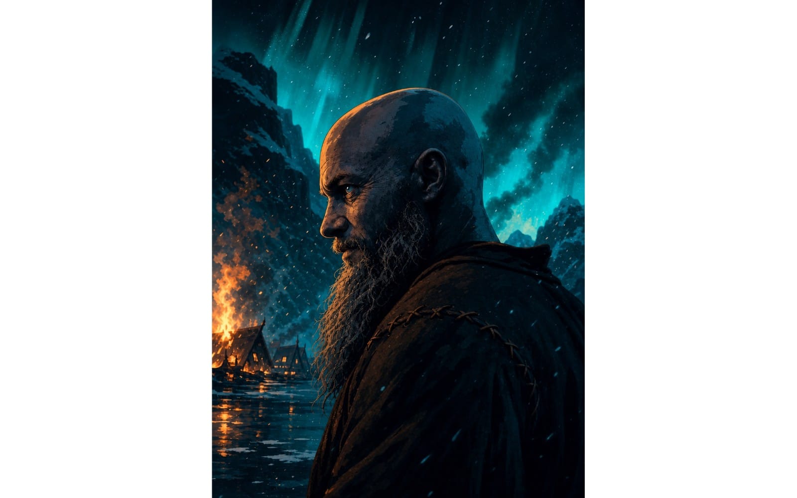 AI-generated Viking warrior portrait with hooded beard, aurora sky, and stormy fjord background
