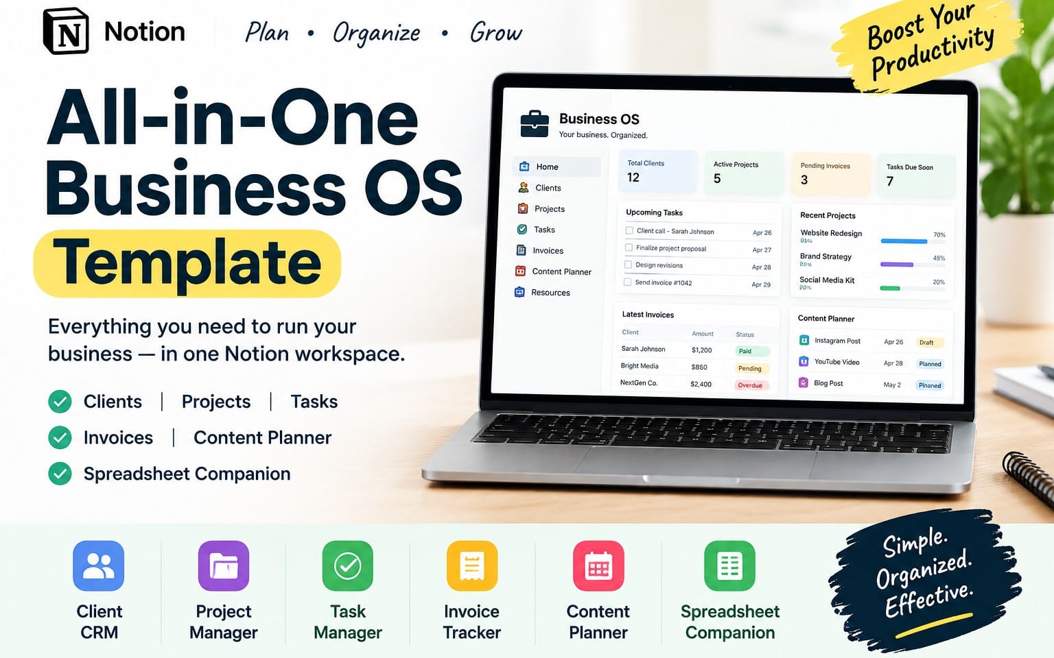 Laptop screen showing a Notion All-in-One Business OS template dashboard for clients, projects, tasks, and invoices