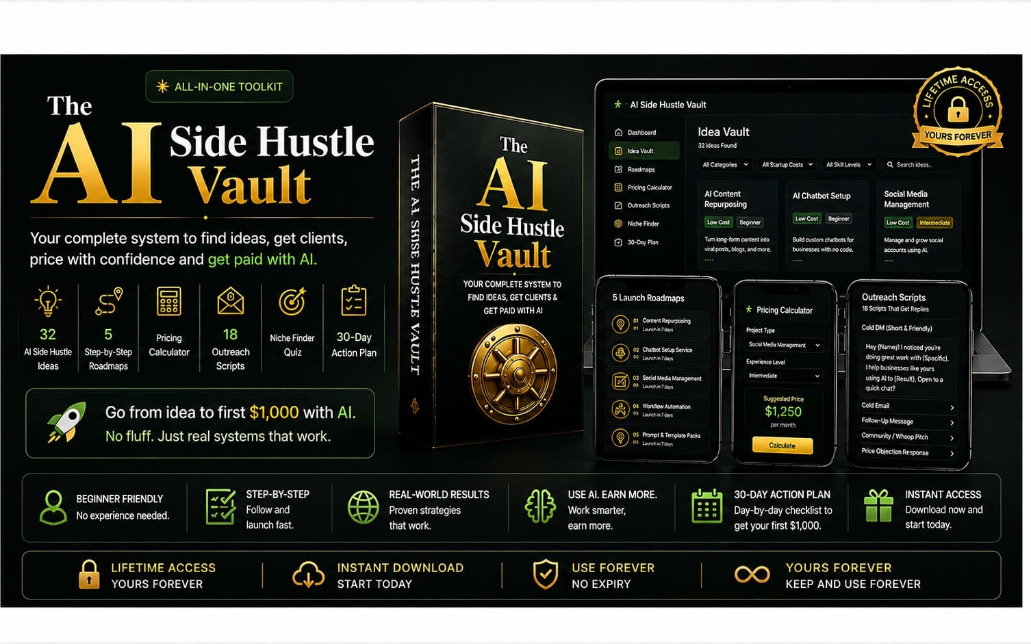 AI Side Hustle Vault digital toolkit banner with book mockup, app UI screenshots, and roadmap and pricing widgets