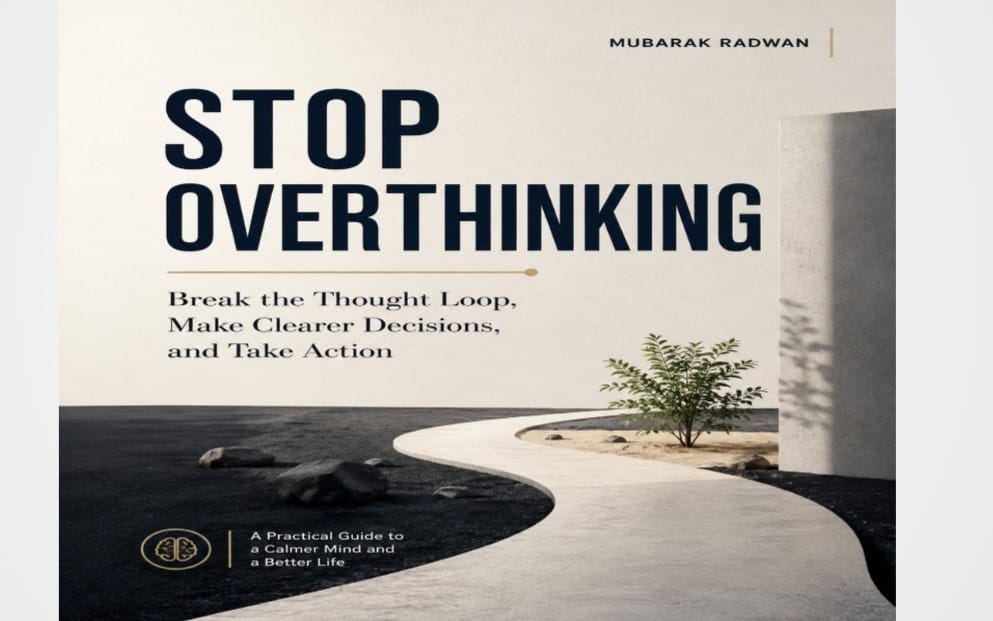 Minimal book cover design reading STOP OVERTHINKING with calm pathway and stones background and title text