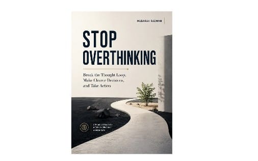 Motivational book cover titled STOP OVERTHINKING with road, wall, and small plant scene background
