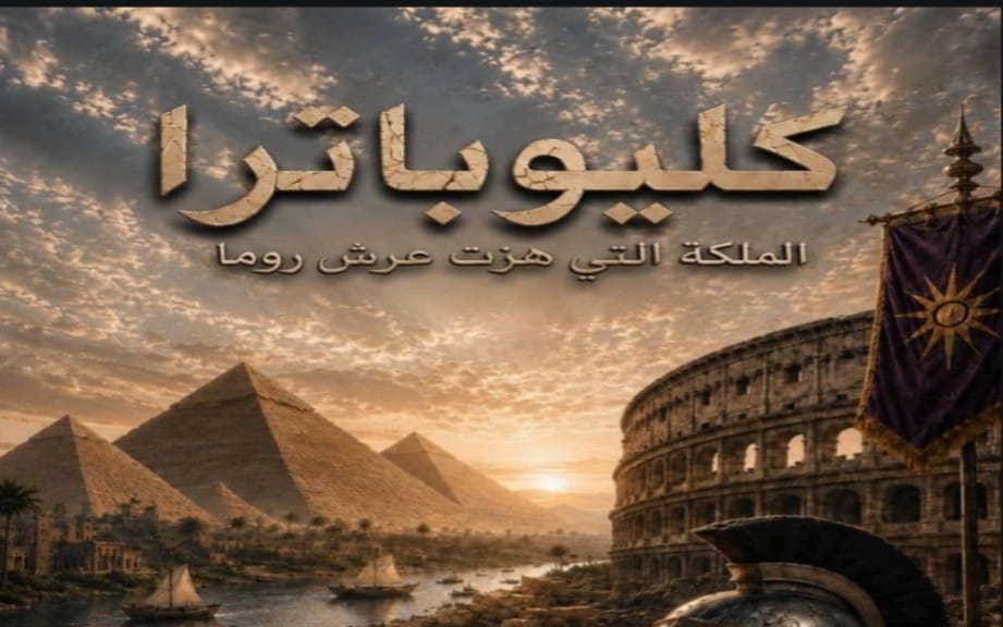 غلاف كتاب عربي عن كليوباترا الملكة يضم معابد وأهرامات وروما وسفينة وراية في سماء غروب