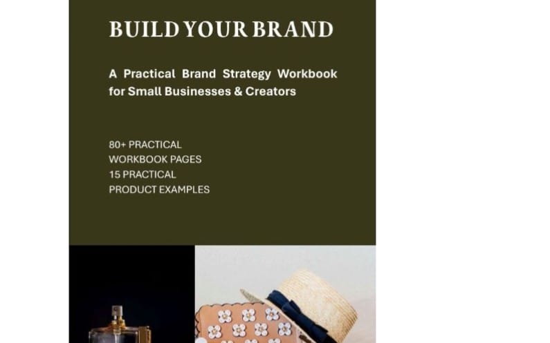Olive green cover for Build Your Brand practical brand strategy workbook with title and example icons