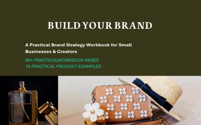 Brand strategy workbook cover with Build Your Brand text, small business creators title, and lifestyle product photos