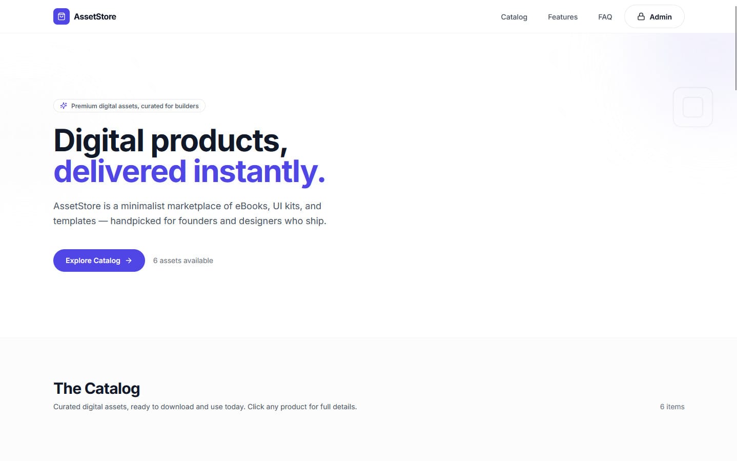 Minimalist digital product store template webpage with hero text, navigation bar, and catalog section
