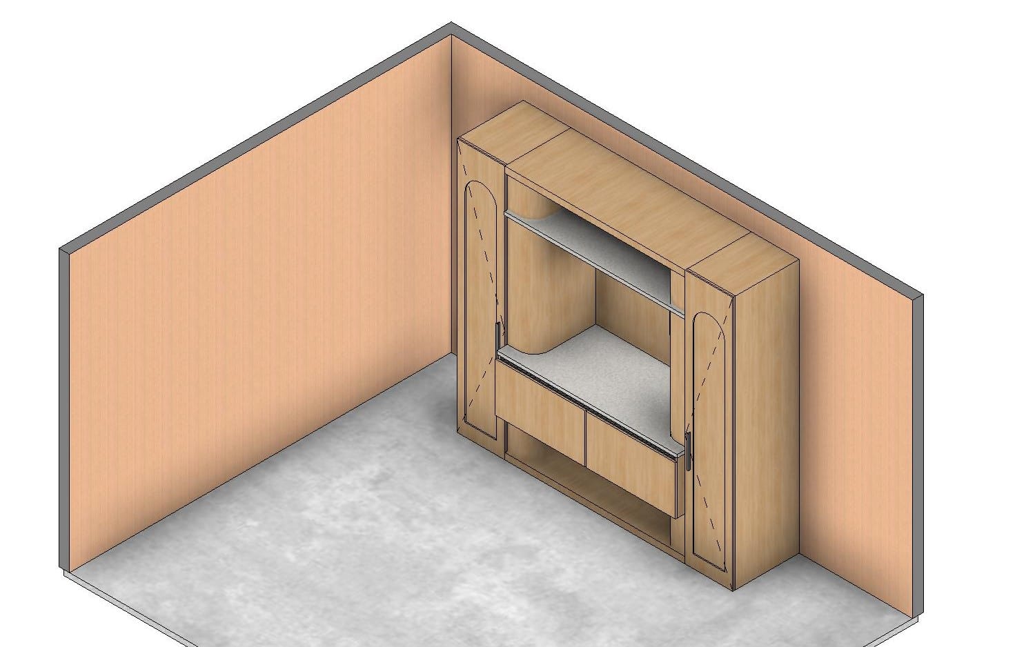 3D rendered built-in wardrobe with doors, shelves, and hanging area inside a corner unit