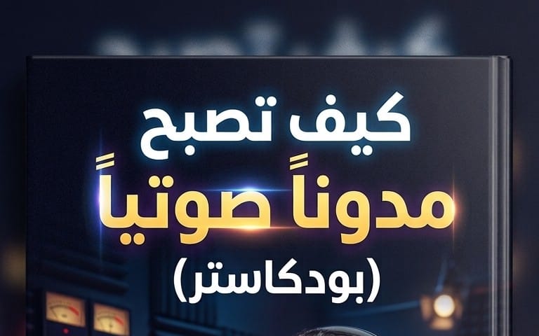 غلاف كتاب رقمي بعنوان كيف تصبح مدوناً صوتياً بودكاستر بخلفية داكنة وعناصر ضوئية