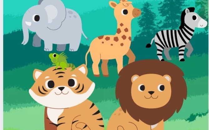 Kids cute animal coloring book cover with lion, tiger, elephant, giraffe, zebra, and lion and giraffe characters