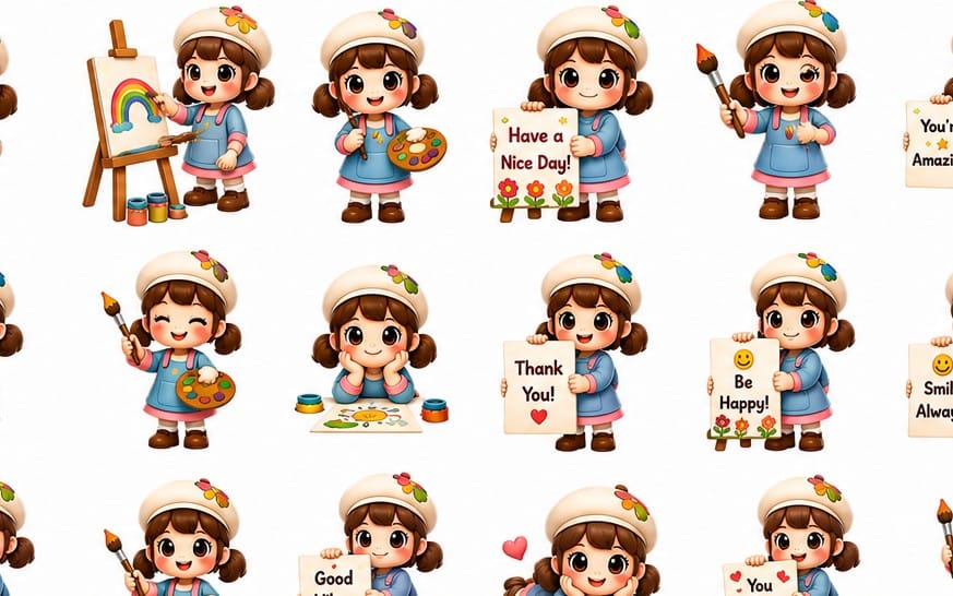 40 Cute Little Artist Girl Stickers – Good Morning, Good Night & Love Messages