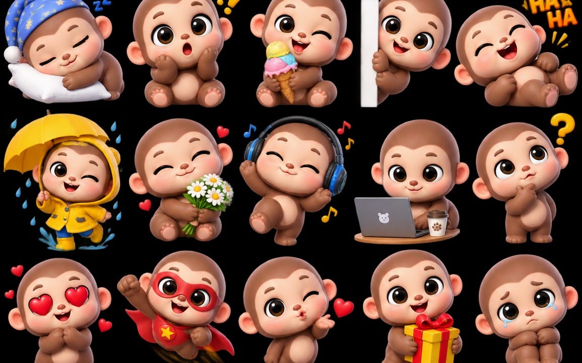 Cute 3D Baby Monkey Sticker Pack – 20 PNG Stickers