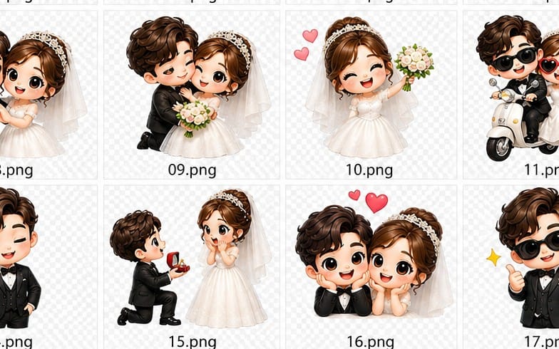 Cute Bride & Groom Wedding Sticker Pack – 24 Romantic Chibi Wedding Illustrations