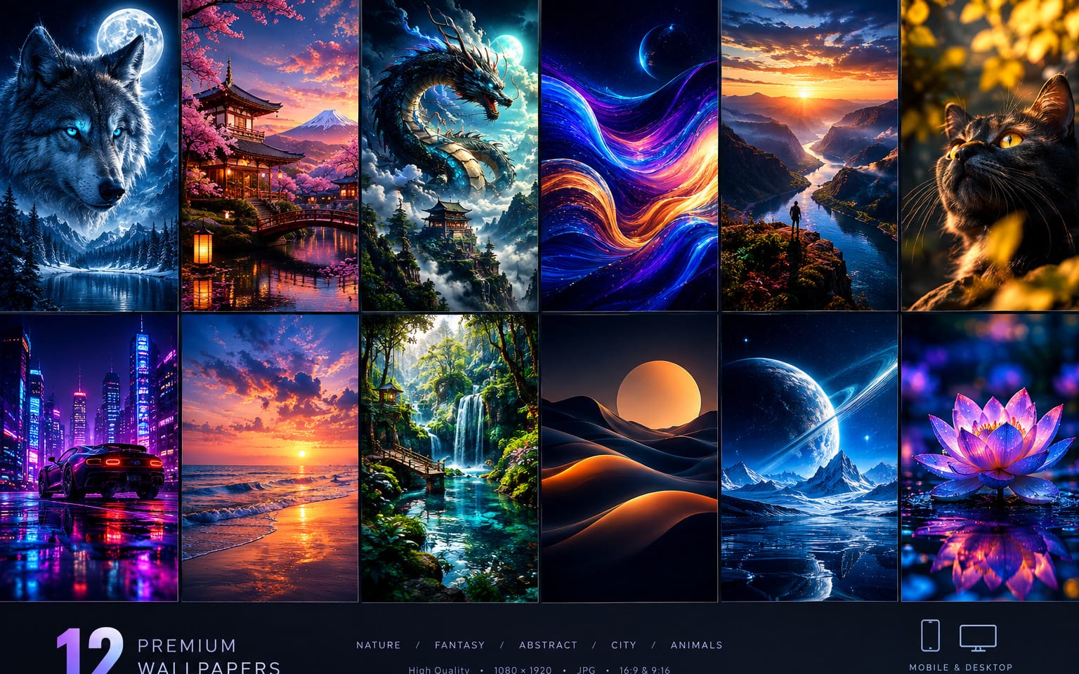 Collage of 12 premium fantasy wallpaper scenes with wolves, dragons, night cities, moons, and lotus flowers