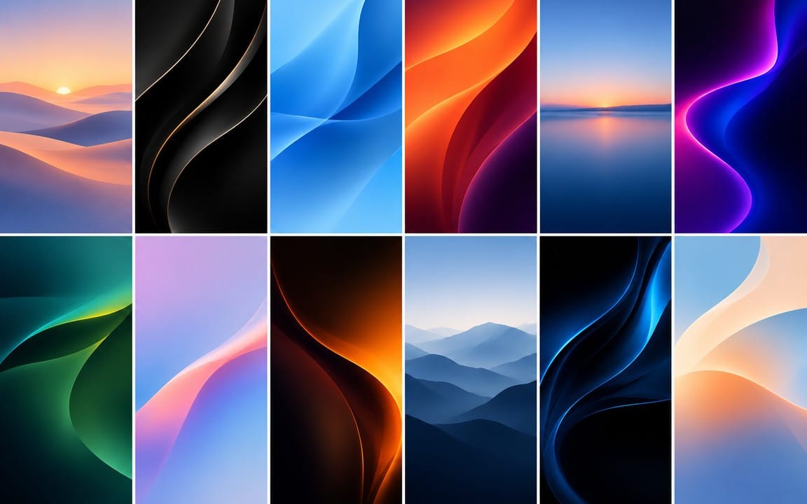Set of 12 abstract minimal wave and neon phone wallpapers with colorful gradient curves and landscapes