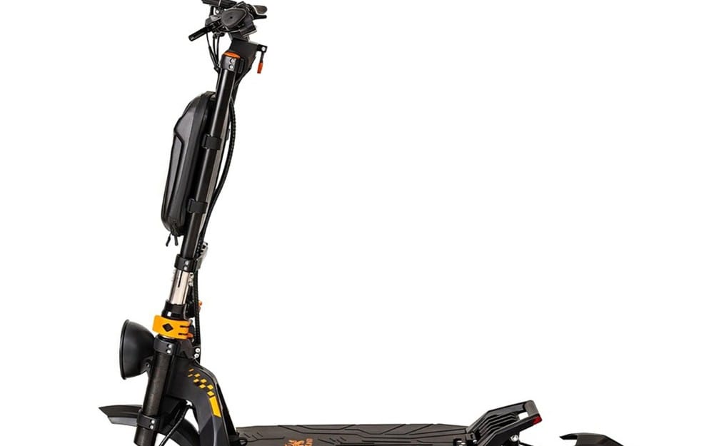 Black KuKirin G4 Max electric scooter front view with headlight, handlebars, and kickstand on white background