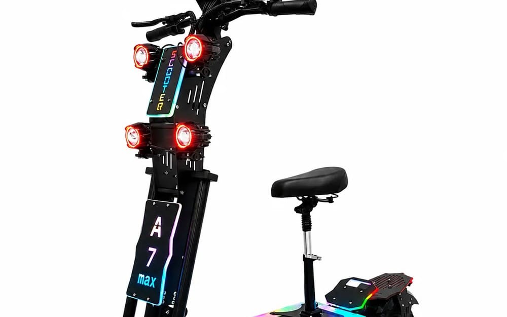 Black off-road electric scooter with handlebar display, dual LED lights, and padded seat 13 inch model