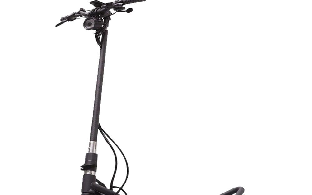 Black electric scooter handlebars and front stem with dual cables, Nami Burn E2 Max Viper model