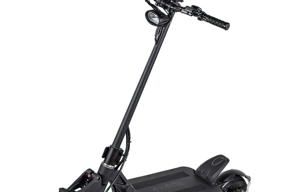 Nami Blast Max electric scooter front wheel and handlebar with headlight and throttle on white background