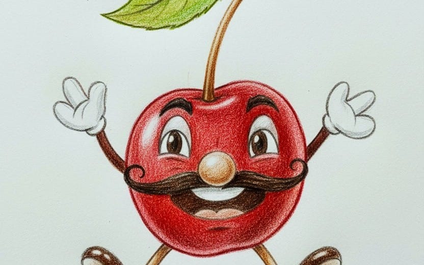 Cartoon red cherry character with a smiling face and brown mustache holding small arms, Mr. Cherry illustration