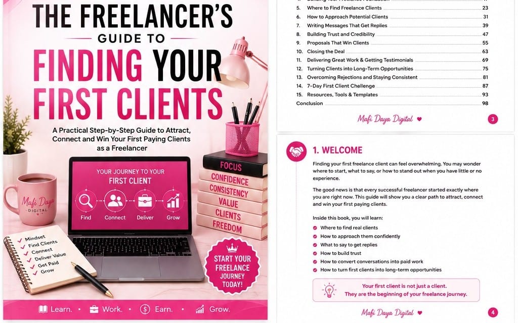 Freelancer guide book cover and interior page layout titled The Freelancer’s Guide to Finding Your First Clients with