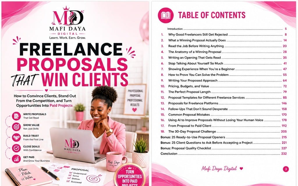 Freelance proposal ebook cover and table of contents page with pink branding and laptop-writer graphic
