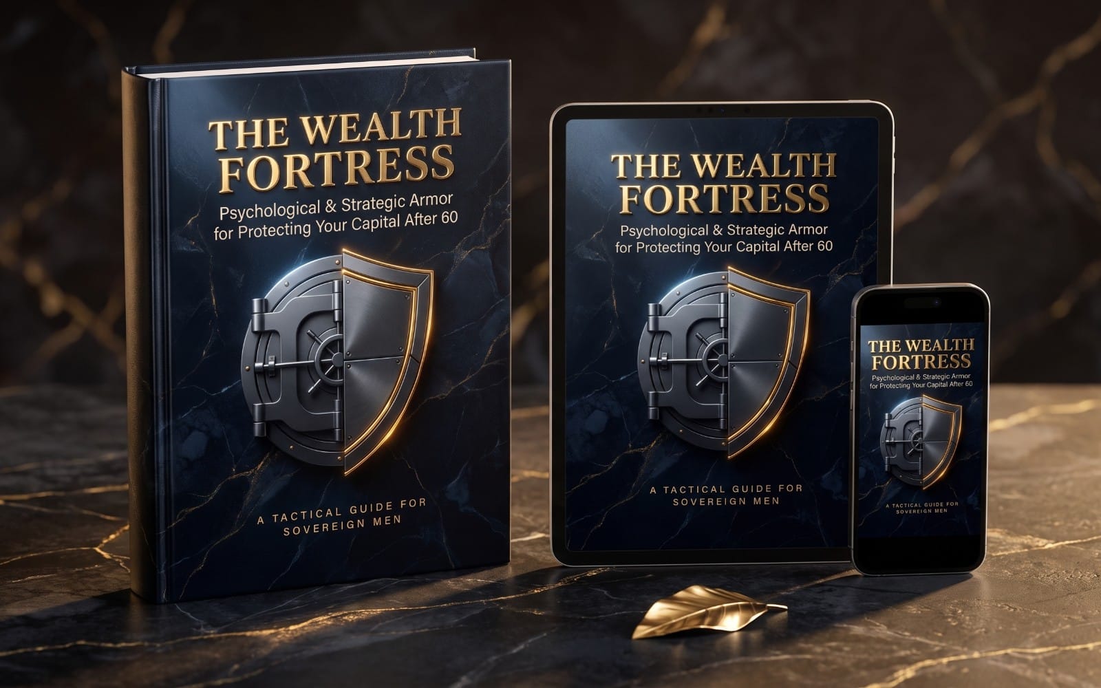 The Wealth Fortress digital book cover mockup with shield icon on tablet and phone screens