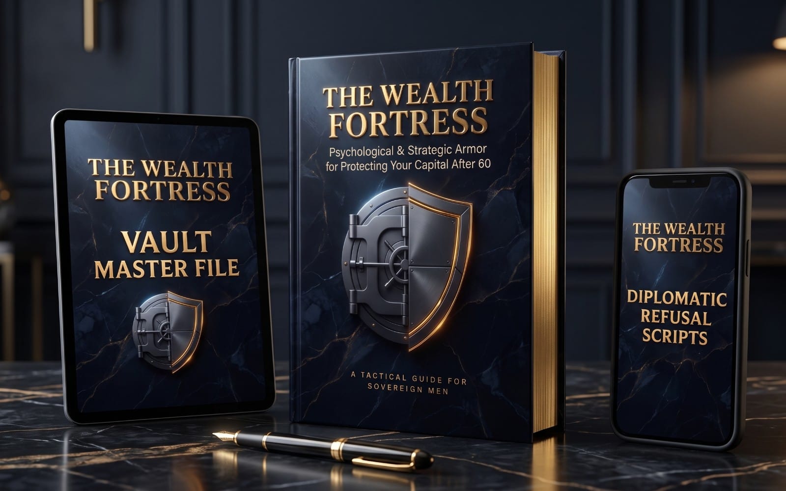 Promotional banner showing The Wealth Fortress book and two digital toolkits on tablet and smartphone screens with