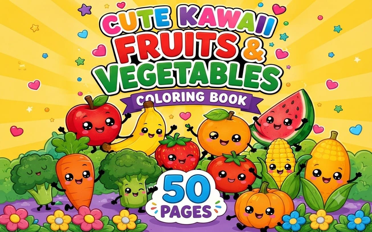 Cute Kawaii Fruits & Vegetables Coloring Book