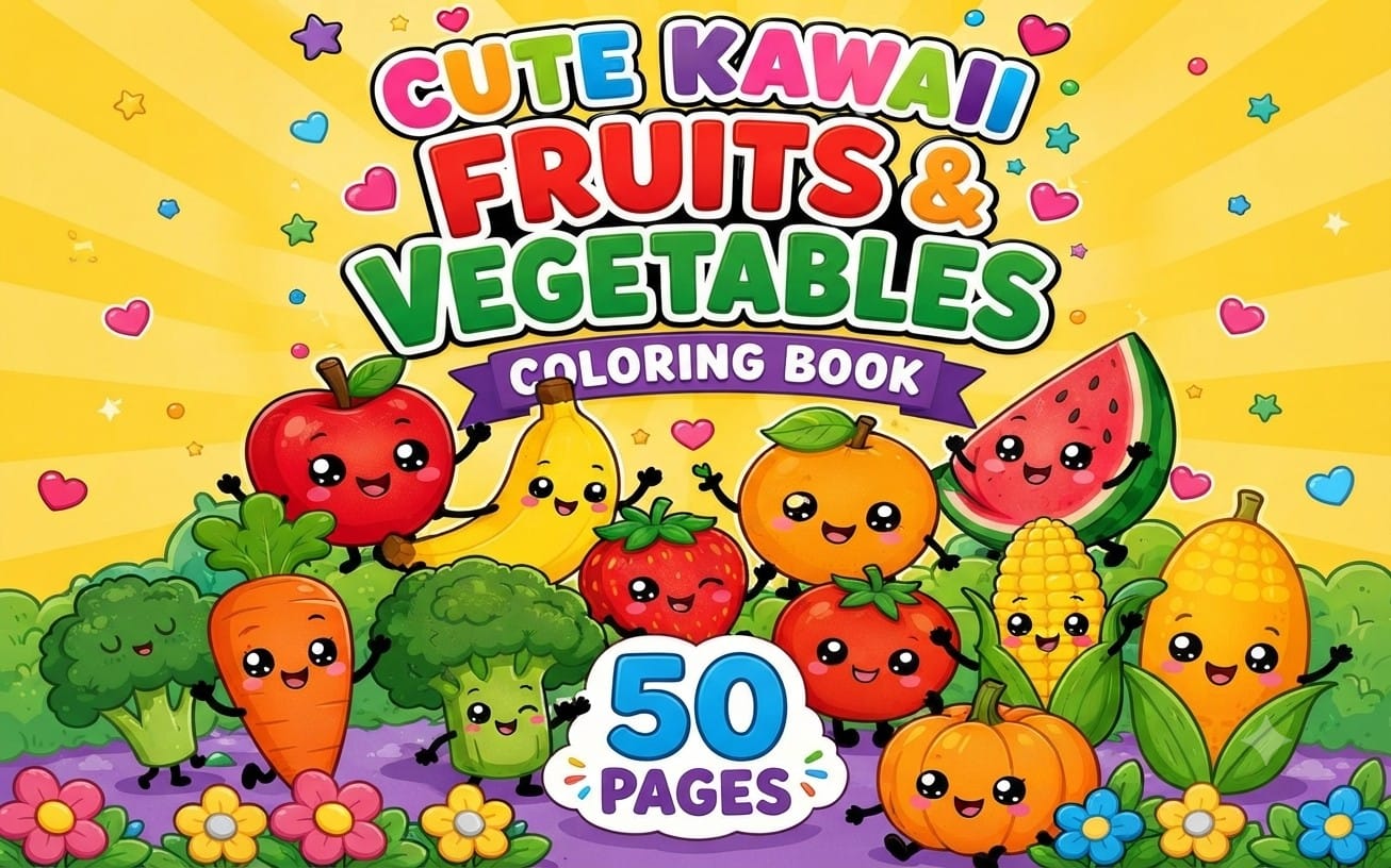 Cute Kawaii Fruits & Vegetables Coloring Book