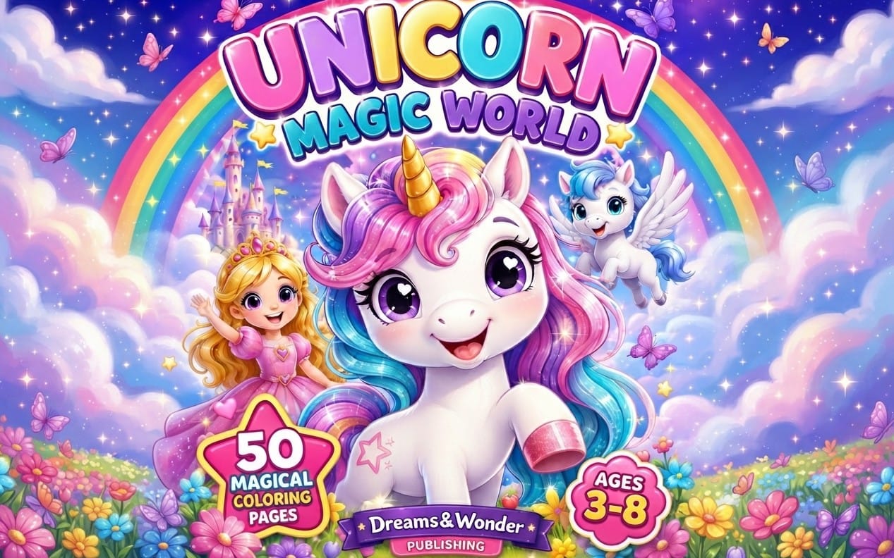 Magic World Unicorns | 50 Unicorn Coloring Pages for Kids | Printable Fantasy Coloring Book PDF | Cute Magical Activity Book