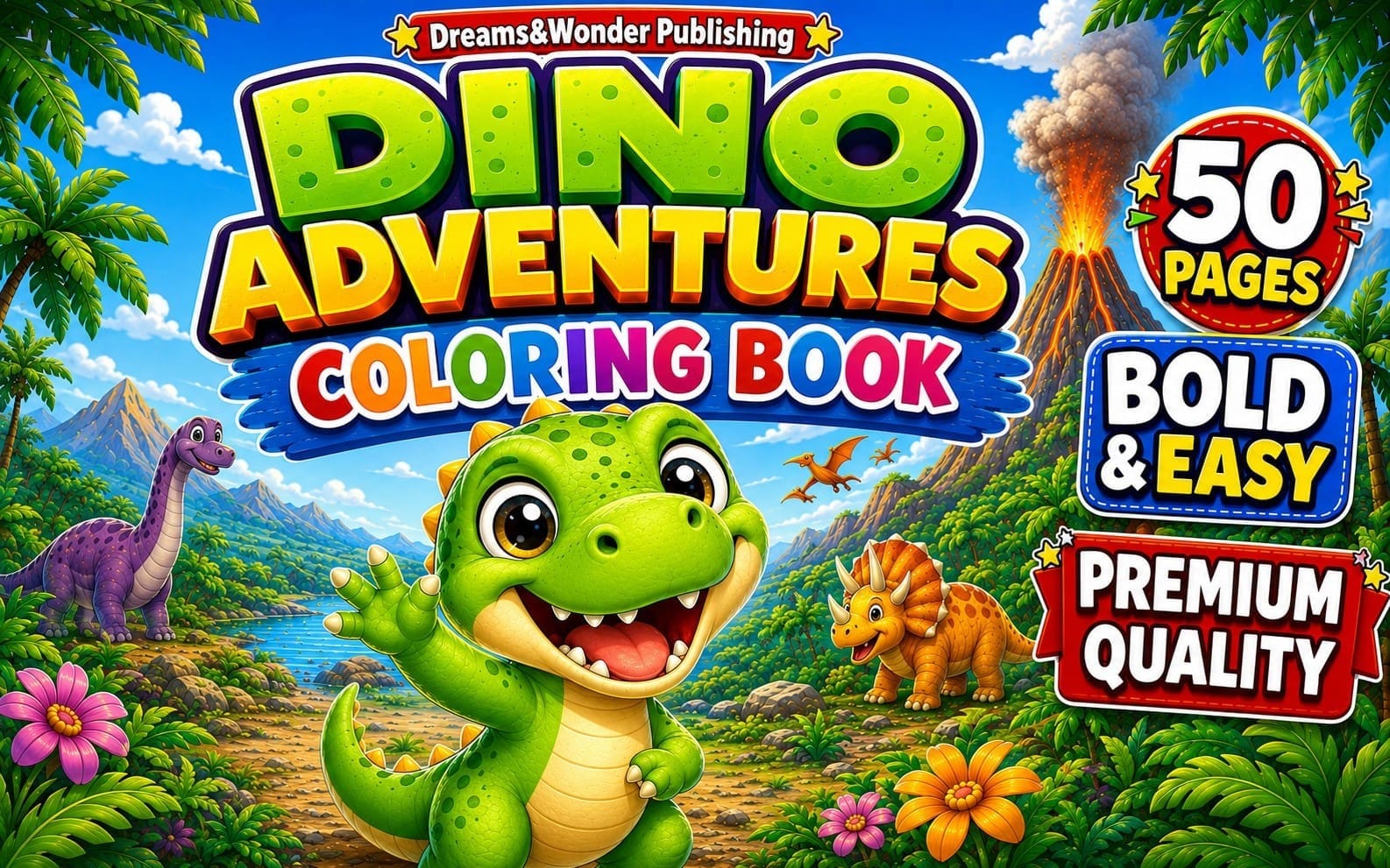 Dinosaur Coloring Book for Kids Ages 3-8 | Cute Dino Adventure Coloring Pages | Printable Activity Book