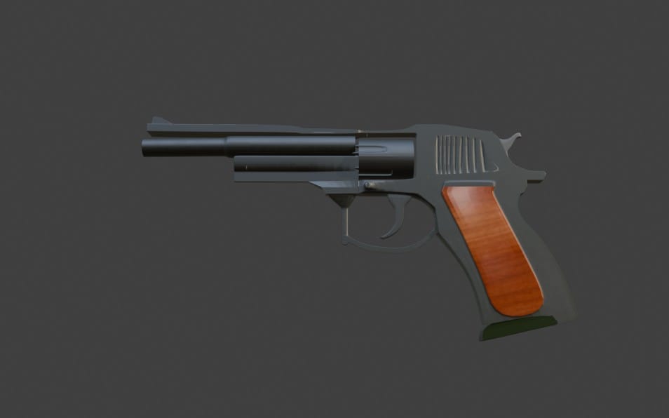 3D-rendered pistol with matte black slide and wooden grip, labeled PISTOLP60