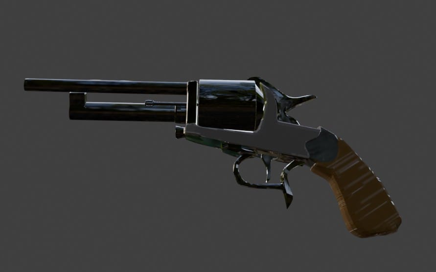 3D render of a sci-fi revolver handgun with dark metal barrel and angular grip